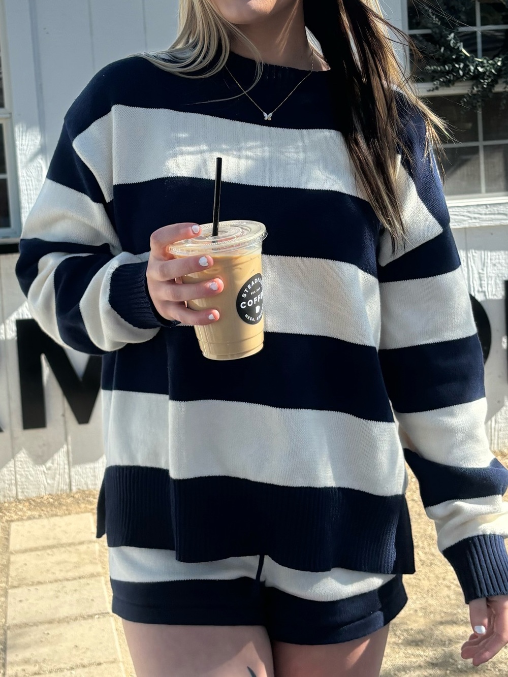 Edikted Navy and Cream Striped Oversized Crew Sweater and shorts set - Picture 2 of 3